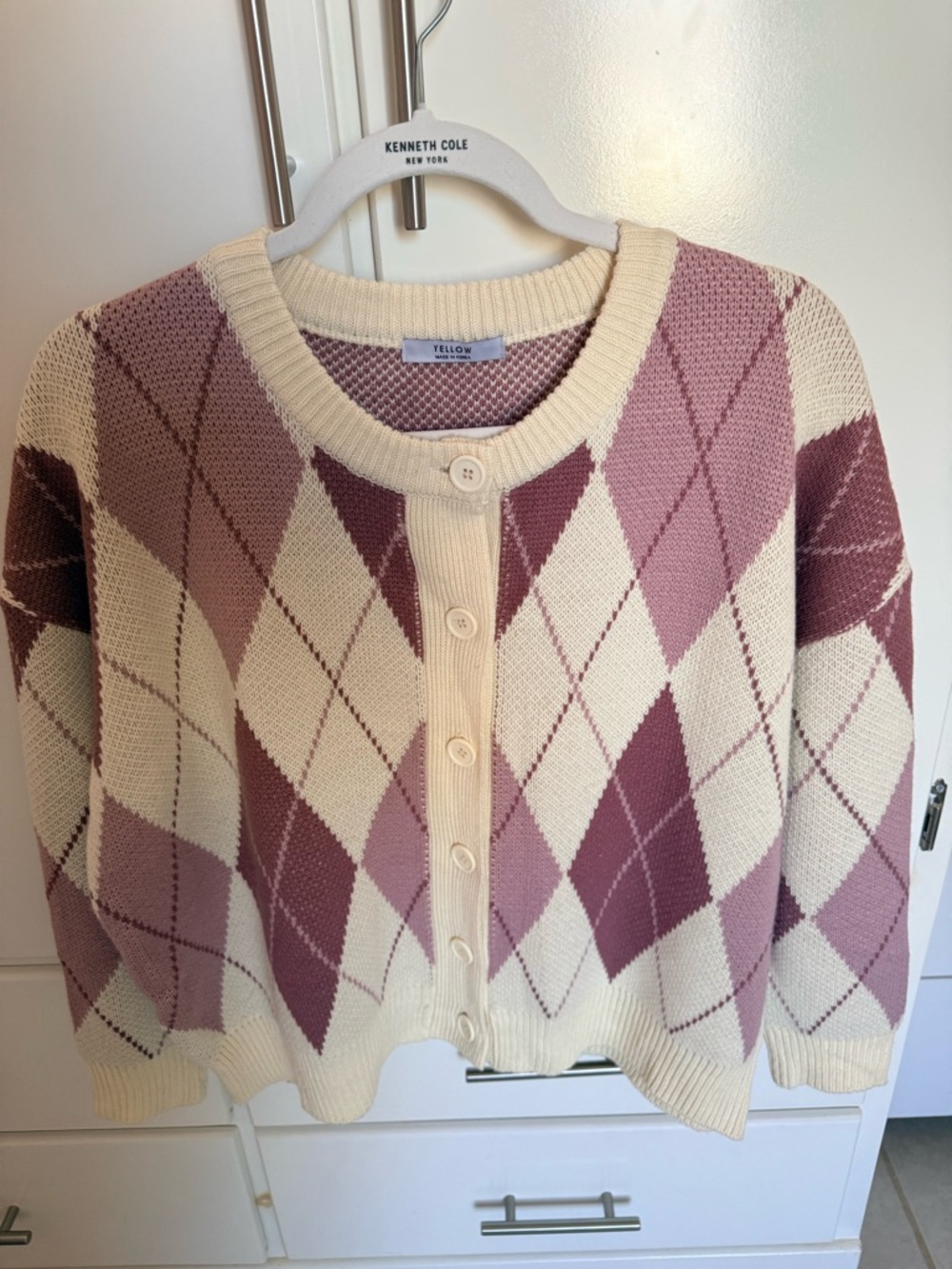 Korean Pink & Cream Argyle Button-Front Sweater Cardigan